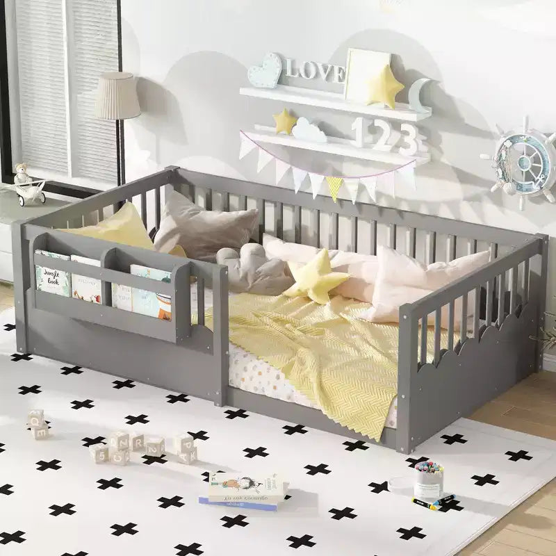 Bellemave Kinder-Bodenbett mit erhöhtem Rausfallschutz und Bücherregal, hölzernes Montessori-Einzelbettgestell für Mädchen und Jungen
