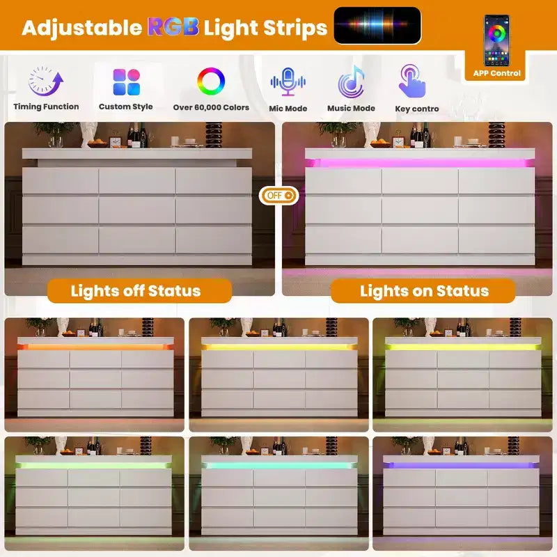 Cassettiera a 9 cassetti per camera da letto, cassettiera con stazione di ricarica e luci LED, armadio contenitore doppio in legno, cassettiera moderna e mobile TV