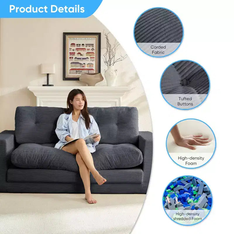 Canapé-lit futon convertible 2-en-1 Mjkone de 71 po, canapé deux places convertible pliable en tissu côtelé avec boutons capitonnés, gain de place