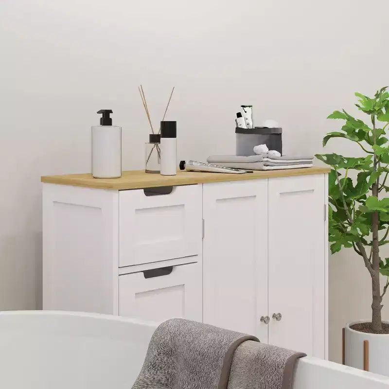 Armário de chão para casa de banho HOMCOM com prateleira ajustável, armário de arrumação independente para casa de banho com 4 gavetas e 2 portas, branco