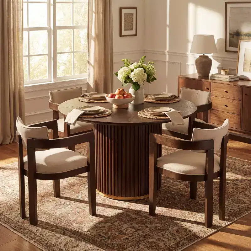 Conjunto de mesa de jantar redonda moderna de 5 peças Christopher Knight Home Shankar com cadeiras estofadas de madeira de seringueira