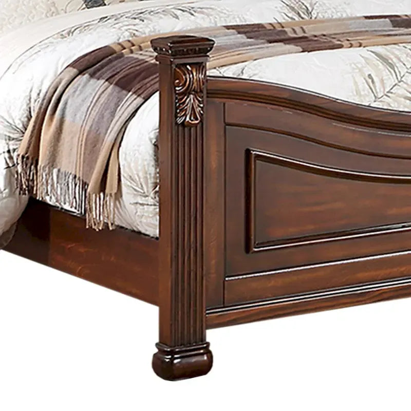 Wooden Bed with Crafted Headboard in Dark Cherry
