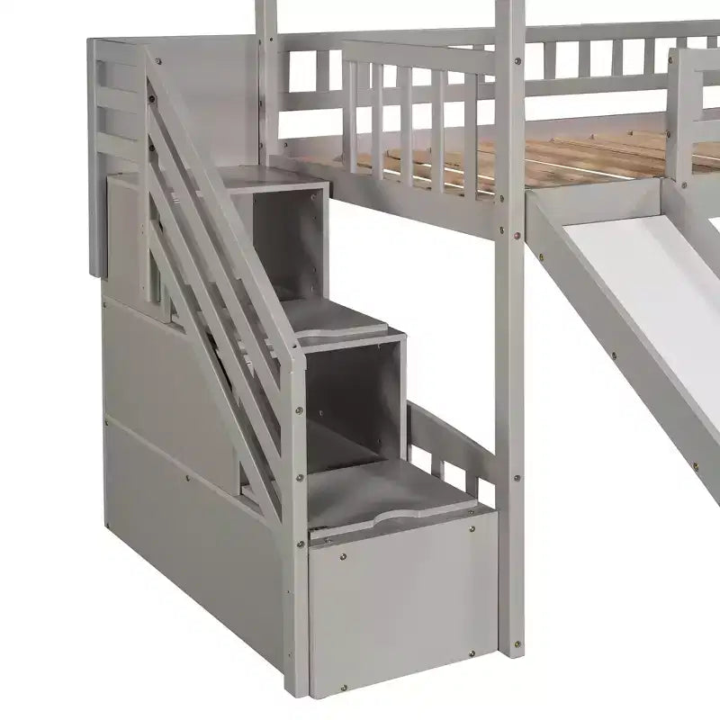 Cama alta tipo casa Twin com escorrega e escadas, cama alta com gavetas de arrumação, cama alta de madeira tipo cabana para crianças e bebés
