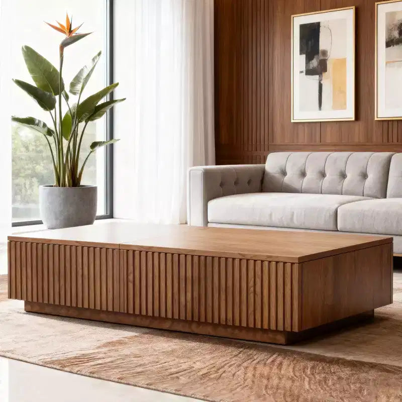 51.1 Mesa de centro moderna de meados do século com tampo elevável, mesa retangular central em nogueira para a sala de estar