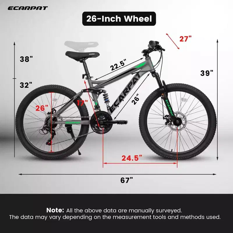 Mountain bike Okak da 26" con freni a disco, bicicletta per adulti a 21 velocità con telaio resistente e doppio ammortizzatore posteriore, bicicletta per ciclismo urbano su strada