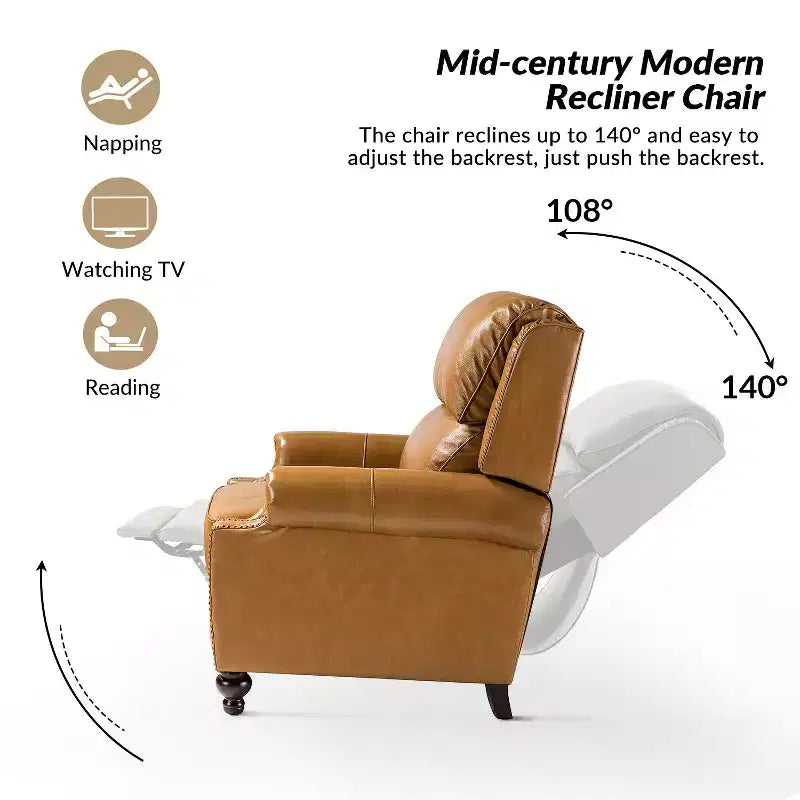 Conjunto de 2 cadeirões reclináveis Elisabete modernos, de costas altas, em pele genuína, com acabamento vintage de tachas, para sala de estar e quarto| ART OF LIVING DESIGNS