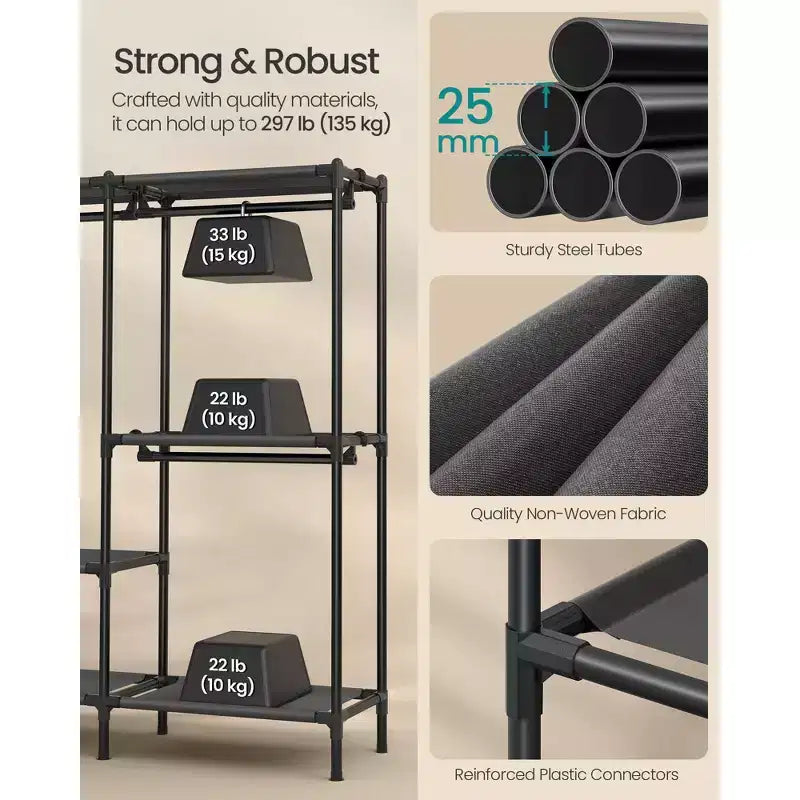 SONGMICS Roupeiro organizador resistente com barras para cabides e prateleiras, carga total de 297 lb, fácil de montar, preto-tinta