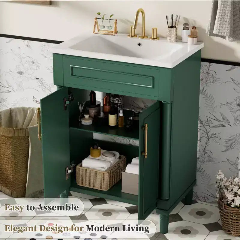 Móvel de casa de banho de 24 com lavatório cerâmico, armário Shaker, 2 portas com fecho suave e estrutura de madeira maciça para casa de banho pequena ou lavabo