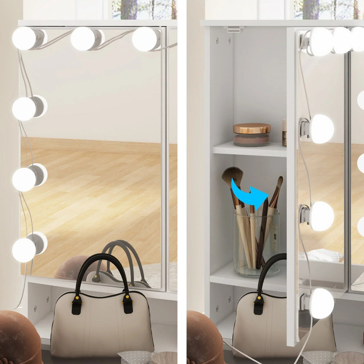 Toeletta per trucco con specchio a tre ante, illuminazione certificata, piano in vetro