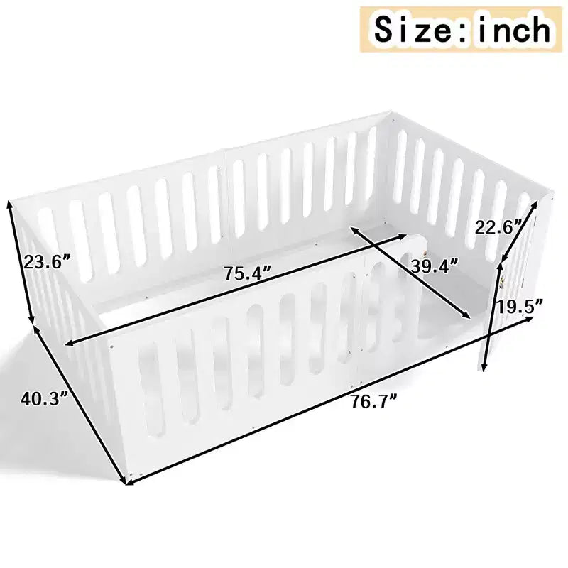 Cama Montessori de chão branca, tamanho Twin, com grades de proteção e porta - madeira maciça, 1 criança