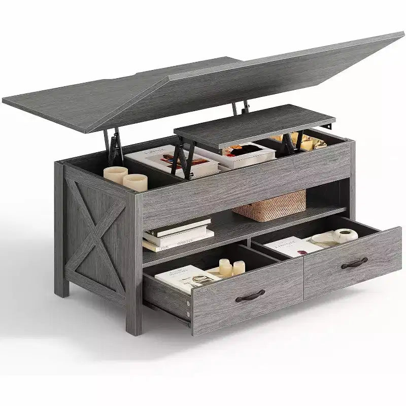 Mesa de centro elevatória com espaço de arrumação, mesa de centro de estilo rústico, mesa de centro com duas gavetas, para a sala de estar e o escritório em casa