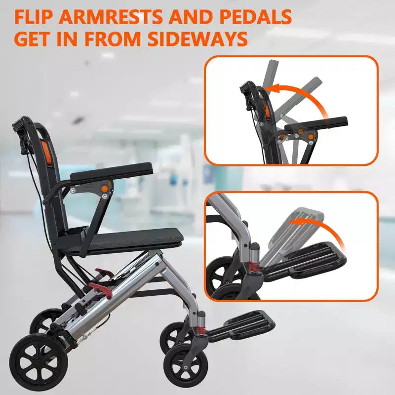 Cadeira de transporte para idosos ultraleve, cadeira de transporte dobrável portátil e leve, com travão de mão com bloqueio e apoios de braços rebatíveis amovíveis