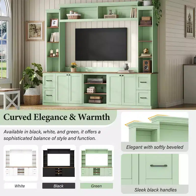 Unità a parete centro d'intrattenimento in stile rustico ModernLuxe 4-in-1, adatta a TV fino a 70, mobile TV e console multimediale con ripiani e cassetti regolabili