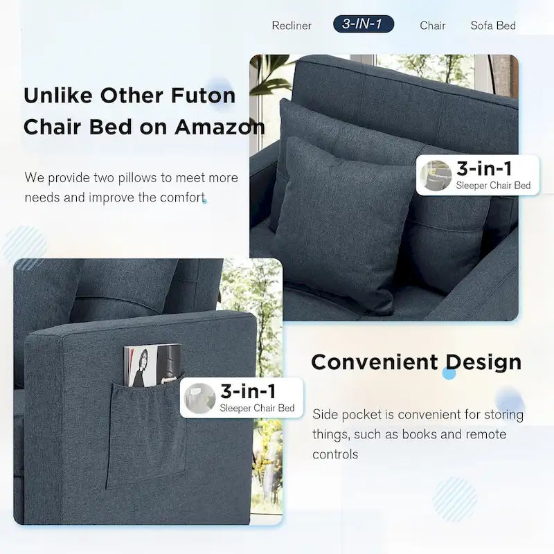 Poltrona-cama ajustável, convertível em 3 funções, várias cores, para 1 pessoa