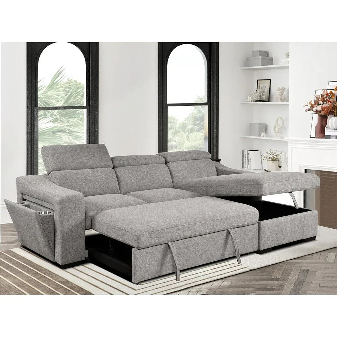 Sofá seccional convertível Roomfitters 103 com chaise longue com arrumação, apoios de cabeça ajustáveis, sofá-cama de canto em L