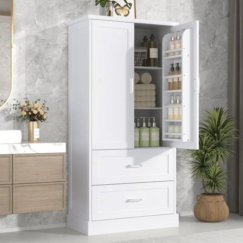 Hohes Badezimmer-Aufbewahrungsregal, Schrank mit zwei Türen und Schubladen, verstellbarem Regalboden und MDF-Platte