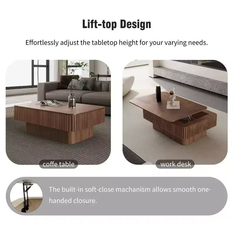 Mesa de centro JVNOXK com tampo elevatório canelado de 38.6', com arrumação, folheado de madeira maciça, altura ajustável, mesa de destaque moderna para sala de estar ou quarto, nogueira