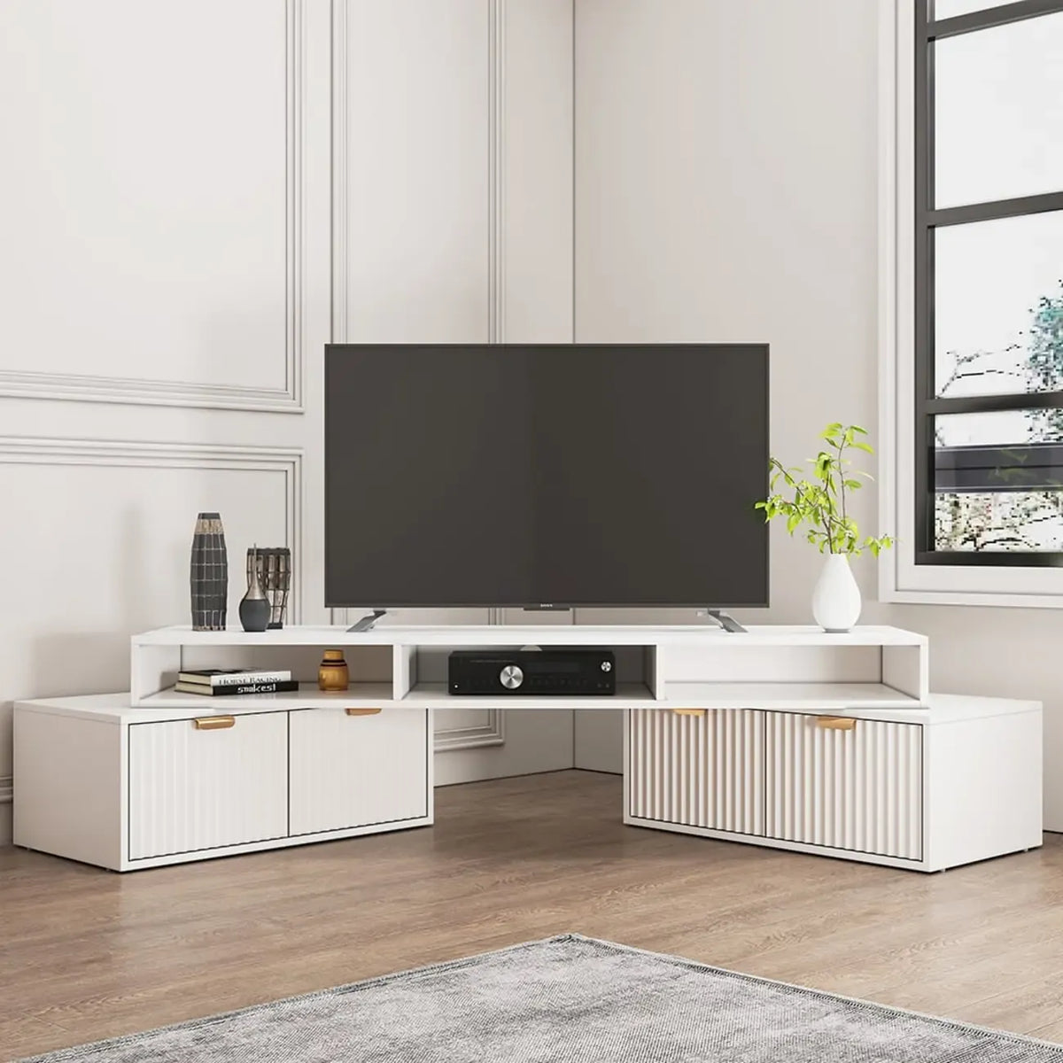 Modern White 2-Drawer Open Storage Corner TV Stand