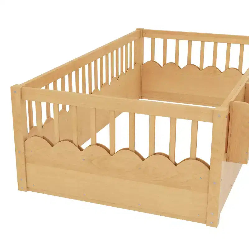 Bellemave Kinder-Bodenbett mit erhöhtem Rausfallschutz und Bücherregal, hölzernes Montessori-Einzelbettgestell für Mädchen und Jungen