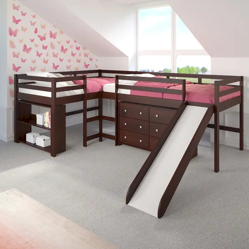 Set letto a soppalco scorrevole a L doppio Twin in color cappuccino scuro