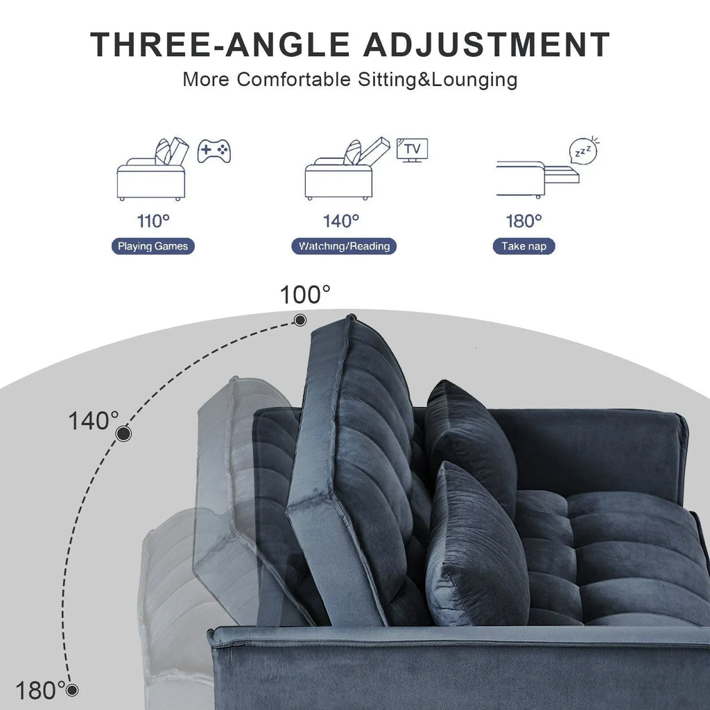 Sofá-cama moderno extensível, sofá-cama 3-em-1 com encosto ajustável, sofá de dois lugares em veludo, almofadas e bolsos laterais