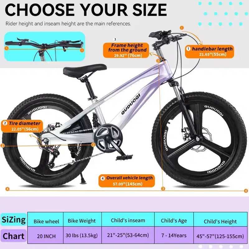Mountain bike per bambini NAYSAYE da 20 pollici con trasmissione a 7 velocità e telaio in lega di magnesio, per bambini e bambine dagli 8 ai 12 anni, 57.09*21.65*29.92