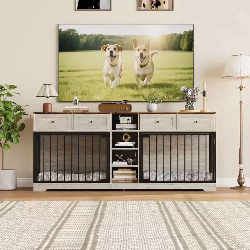 82 Casota de mobiliário para dois cães, canil grande para interior, casota de madeira resistente para 2 cães com suporte para TV, 4 gavetas e prateleiras