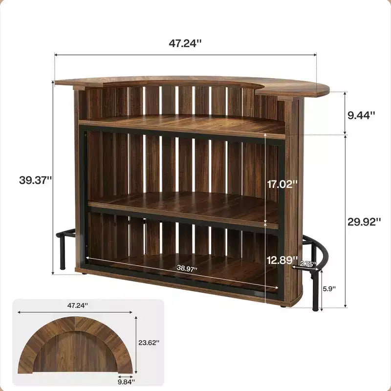 Mini-bar de 4 níveis em forma de arco, armário-bar doméstico moderno de estilo rústico com apoio para os pés e estrutura em MDF