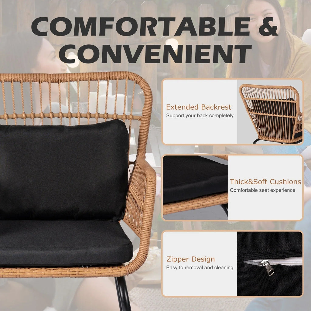 Ensemble bistro de conversation extérieur en osier de 3 pièces, mobilier de patio en rotin toutes saisons avec coussins