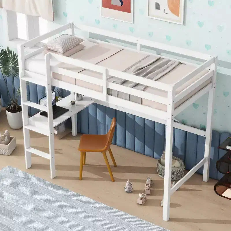 Lit mezzanine minimaliste Okak avec échelle, lit mezzanine double en bois d'hévéa avec barrière de sécurité et bureau intégré, cadres de lit pour enfants et adolescents