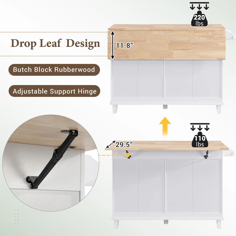 Conjunto de ilha de cozinha TOPMAX com aba rebatível e 2 lugares, conjunto de mesa de jantar com prateleira ajustável, gavetas e toalheiro