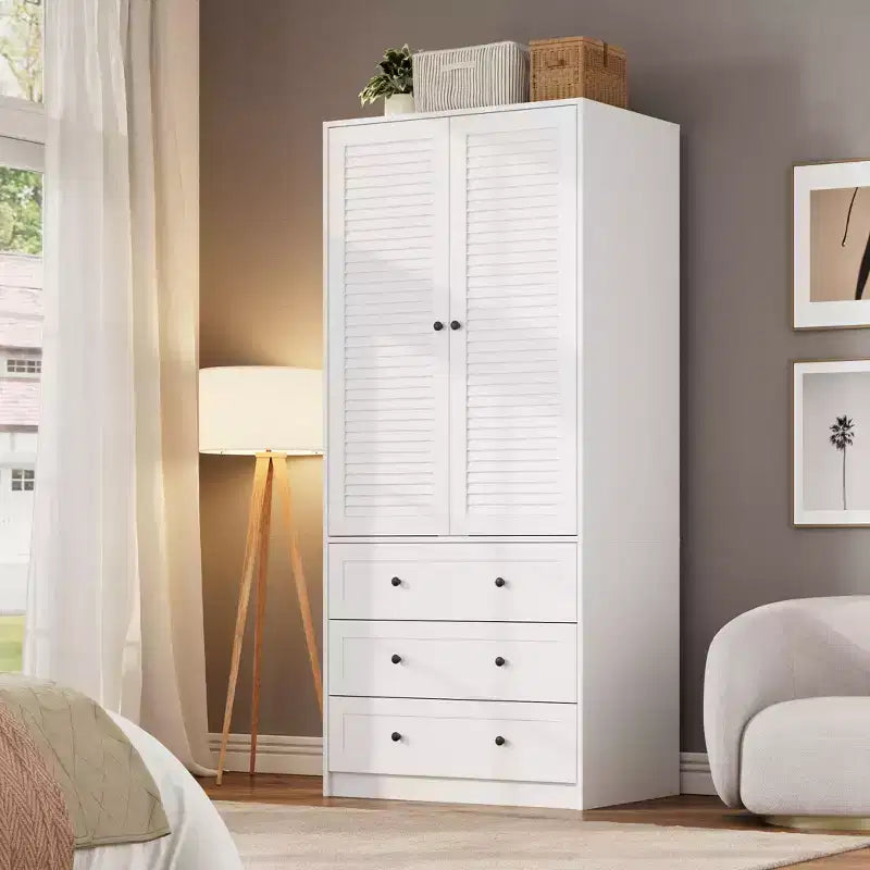Armário roupeiro COZONY com 3 gavetas e 2 portas, armário de madeira moderno para quarto, roupeiro branco independente para cargas pesadas