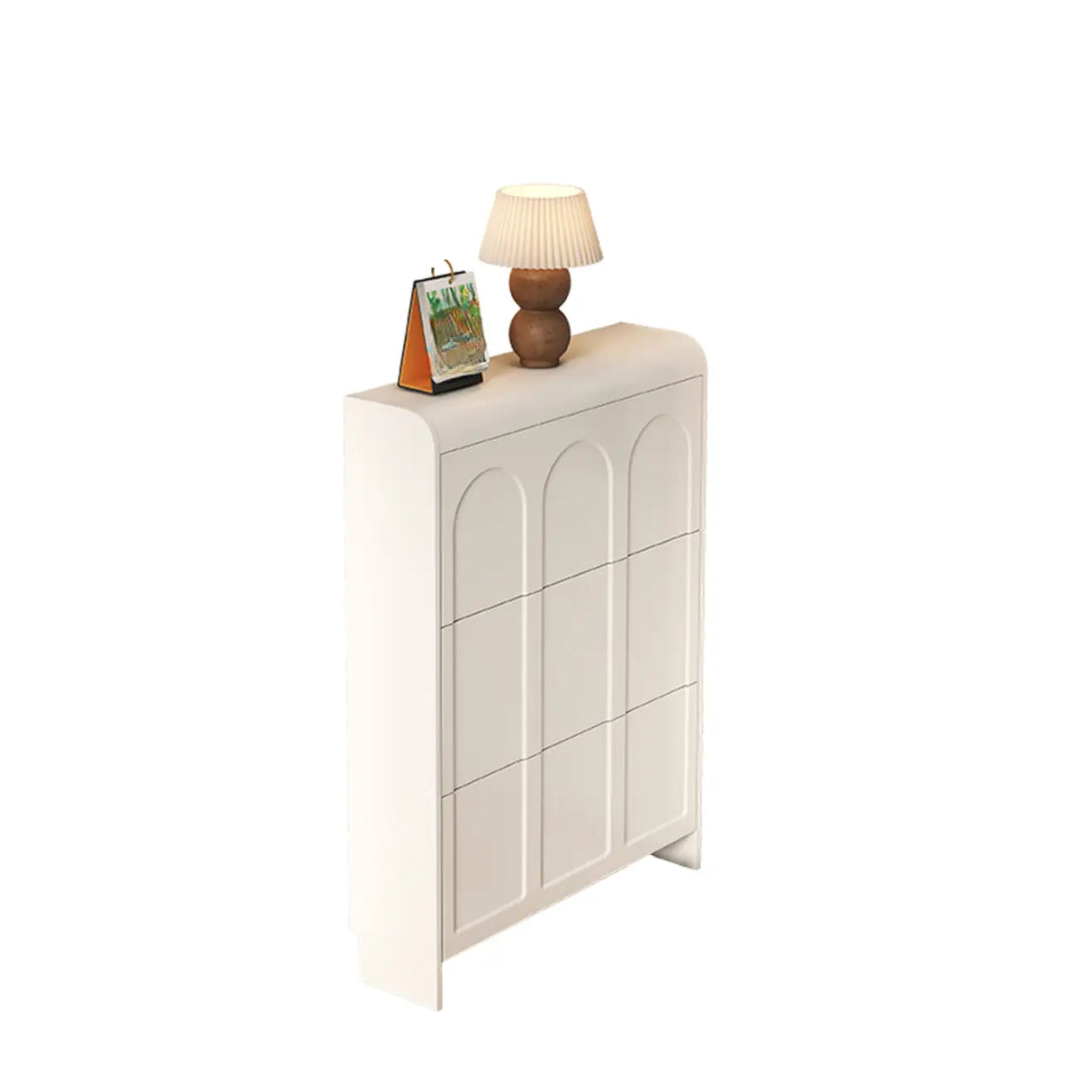Smalle witte houten schoenenkast met 3 niveaus en neerklapbare voorklep