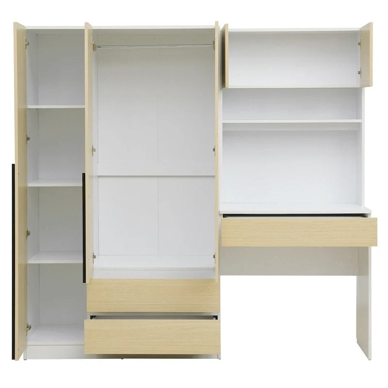 Roupeiro 3 em 1 com mesa de maquilhagem, conjunto de secretária, armário de quarto com 2 gavetas, 3 portas e espaço de arrumação