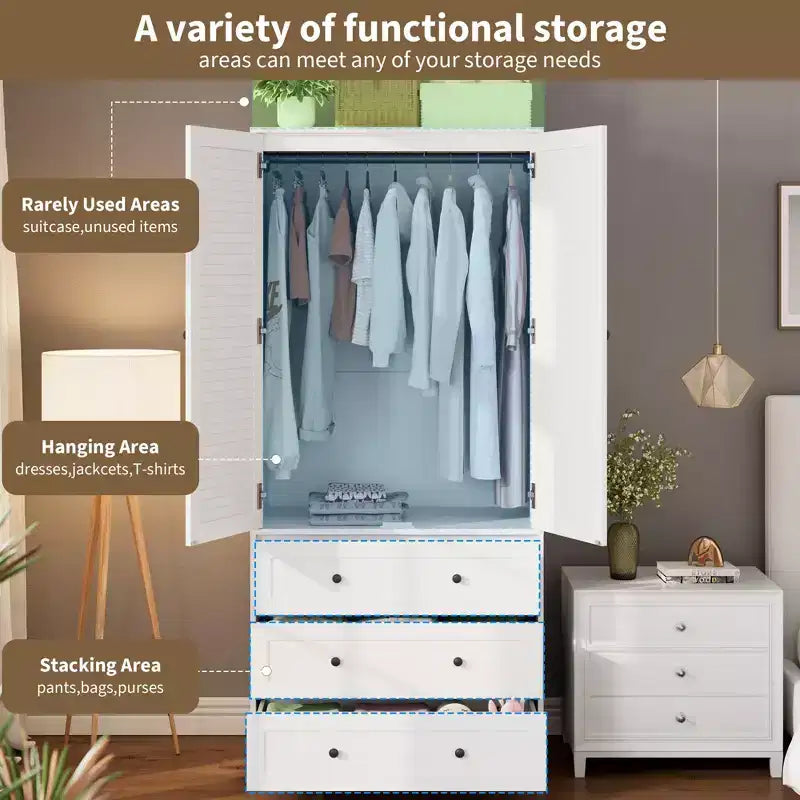 Armário roupeiro COZONY com 3 gavetas e 2 portas, armário de madeira moderno para quarto, roupeiro branco independente para cargas pesadas