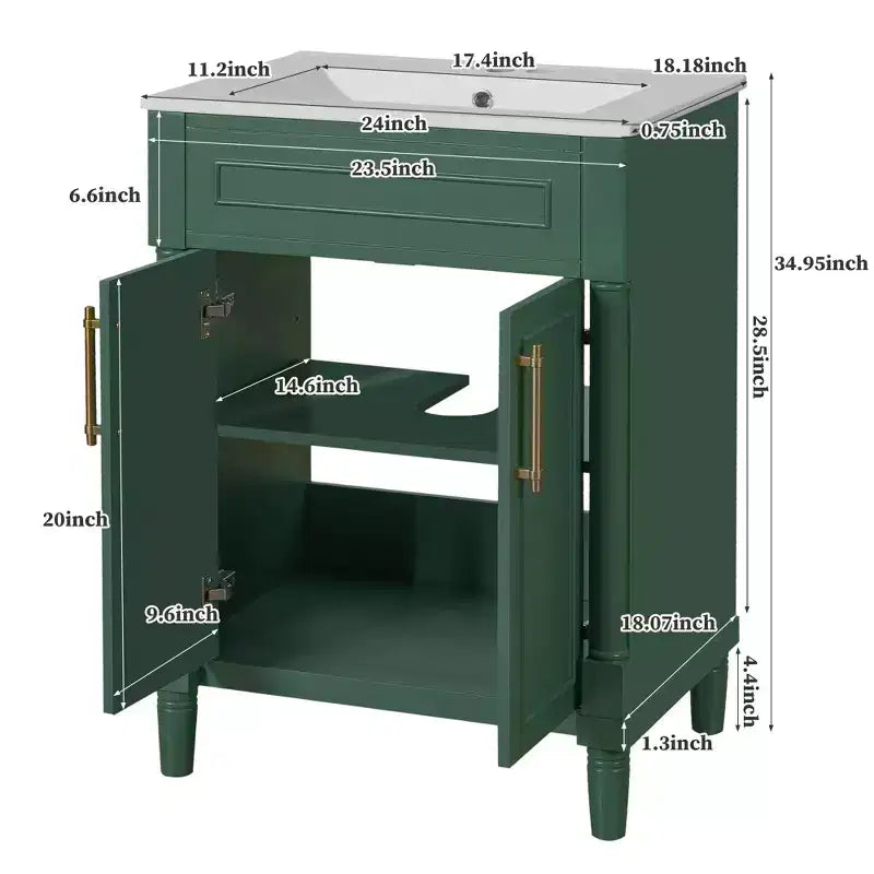 Móvel de casa de banho de 24 com lavatório cerâmico, armário Shaker, 2 portas com fecho suave e estrutura de madeira maciça para casa de banho pequena ou lavabo