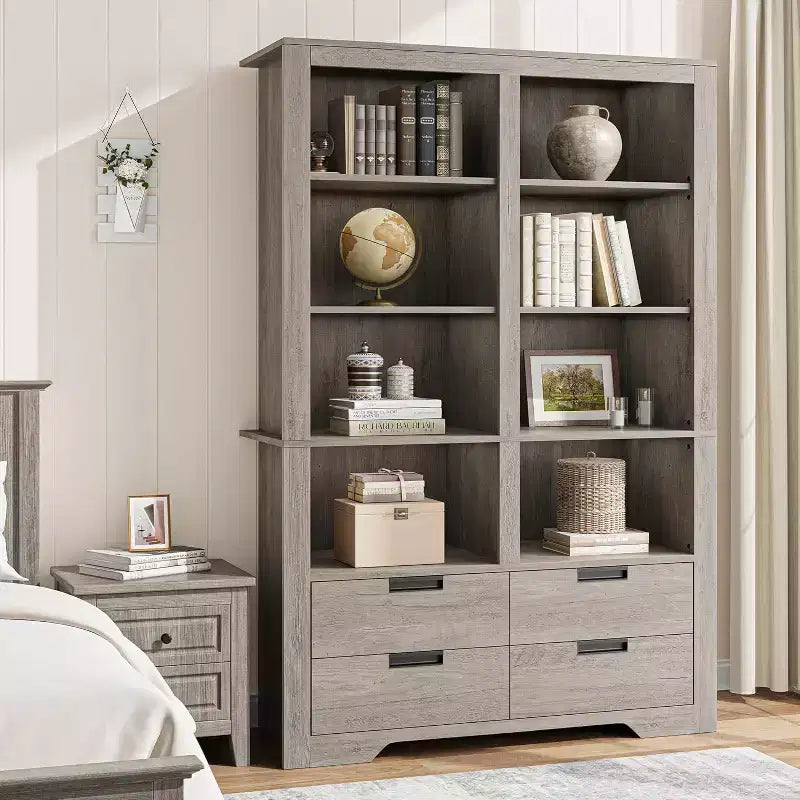183 cm hohes Bücherregal mit 4 Schubladen, freistehendes Bücherregal im Landhausstil für Schlafzimmer, Wohnzimmer und Homeoffice