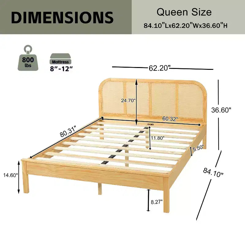 Estrutura de cama de plataforma em madeira Christopher Knight Home Callahan, moderna, estilo boho, com cabeceira em rattan