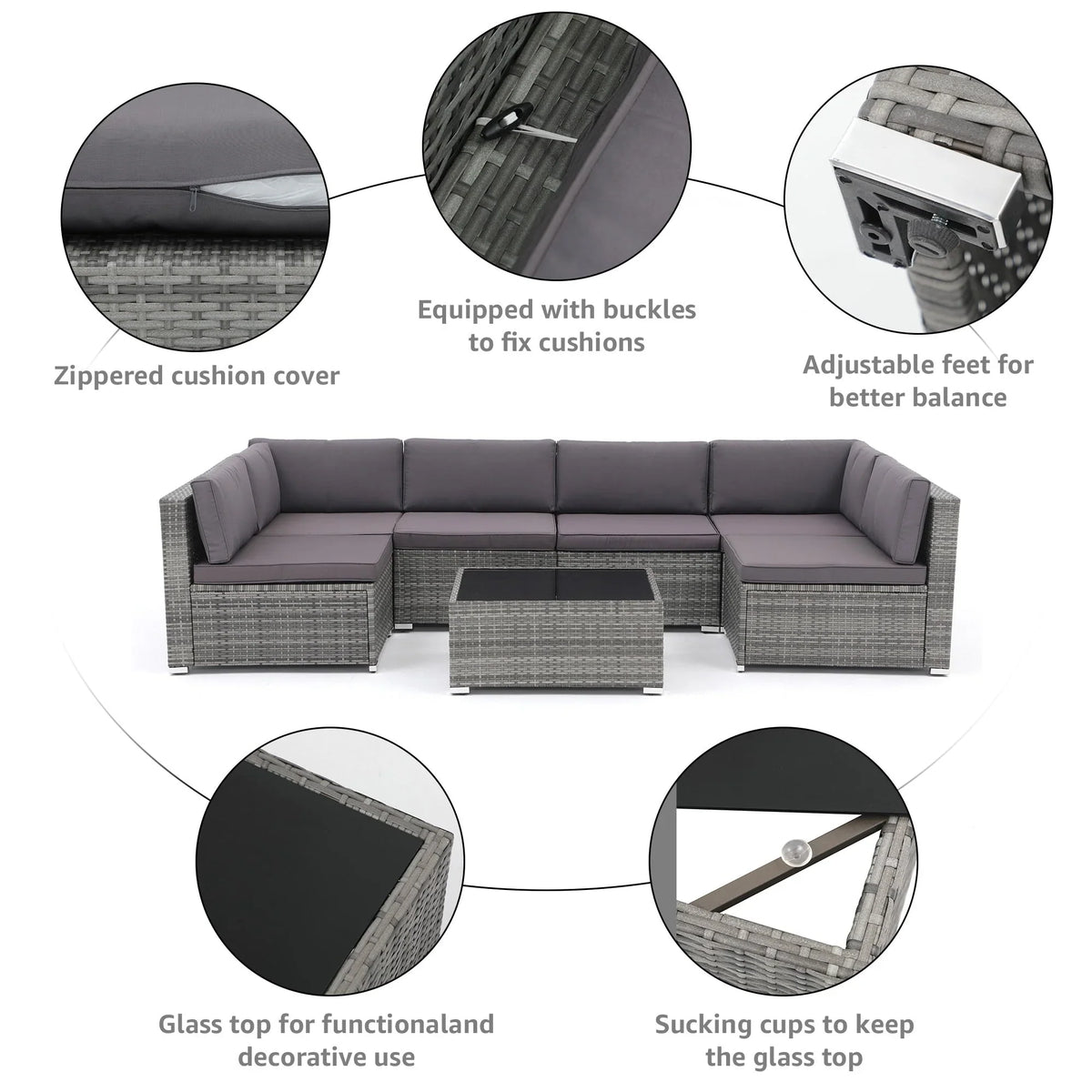 Ensemble de canapé modulaire d’extérieur rembourré en osier et acier, 7 pièces