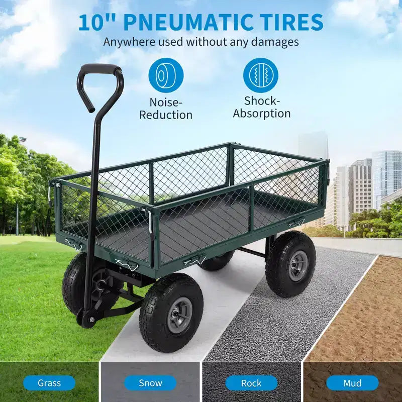 Carroça de jardim em aço resistente, 500 Lbs, carroça utilitária dobrável com laterais e revestimento em rede removíveis, 10 pneus pneumáticos, pega de puxar