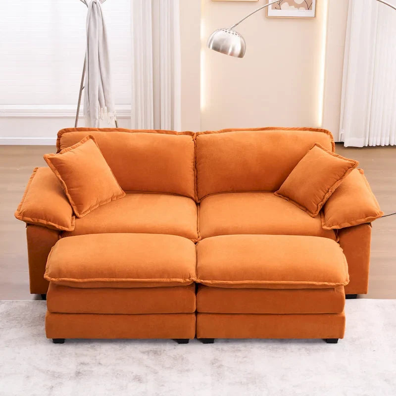 Canapé 2 places avec 2 coussins, 2 oreillers et 2 poufs, canapé confortable – canapé profond modulable pour le salon