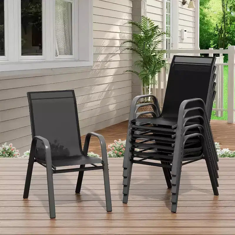Terrasstoelen, stapelbare buiteneetkamerstoelen, set van 4/6, lichtgewicht weerbestendige textilene tuinstoelen met armleuningen voor achtertuin en zwembadterras