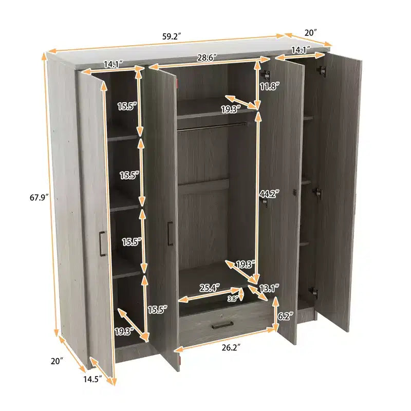 Guarda-roupa de madeira com 4 portas, varão para cabides, 1 gaveta e prateleiras de arrumação