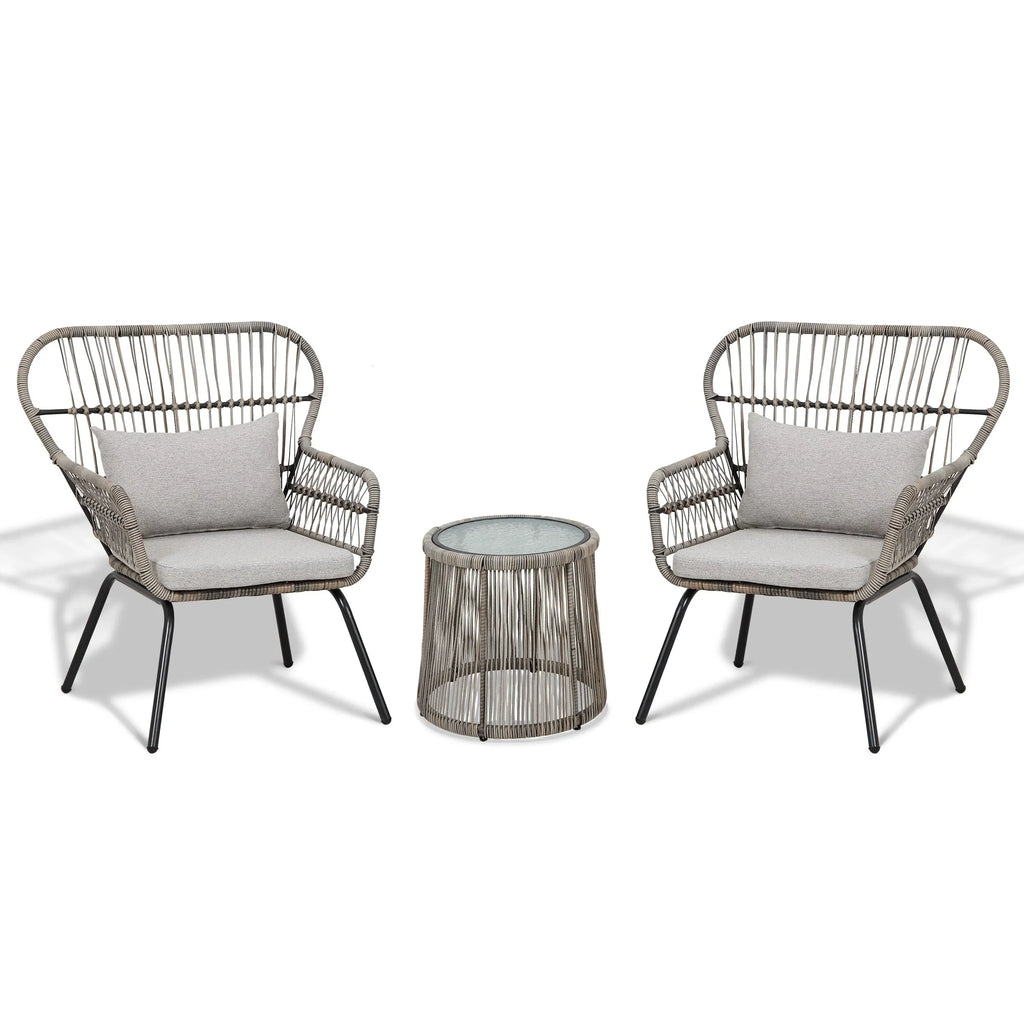 Ensemble bistro de conversation extérieur en osier de 3 pièces, mobilier de patio en rotin toutes saisons avec coussins