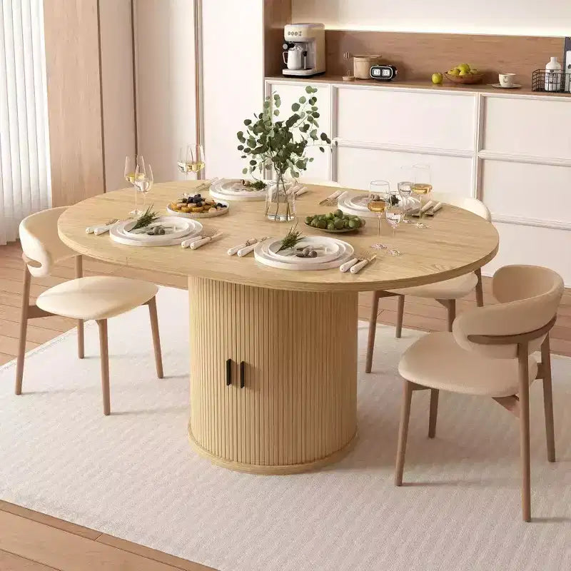 Mesa de cozinha e sala de jantar redonda extensível Dyonery 63 com prateleira de arrumação de 2 níveis, base pedestal, mobiliário de jantar em madeira oval circular, nogueira
