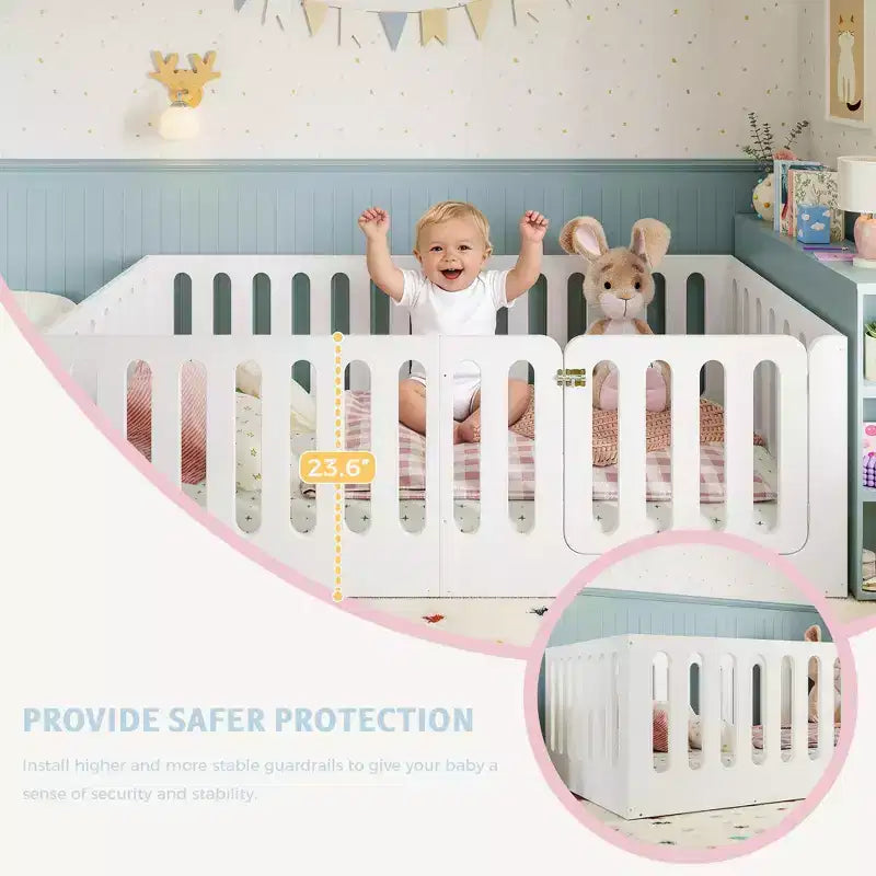 Cama Montessori de chão branca, tamanho Twin, com grades de proteção e porta - madeira maciça, 1 criança