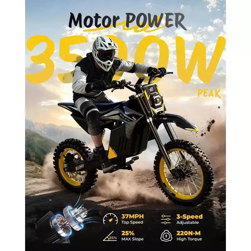 ECOLEAP elektrické terénní kolo s vrcholným výkonem 3500W pro teenagery a dospělé, terénní elektrokolo s rychlostí 37MPH, baterie 48V 21Ah, dojezd až 55 mil, nosnost 400LBS, 13+