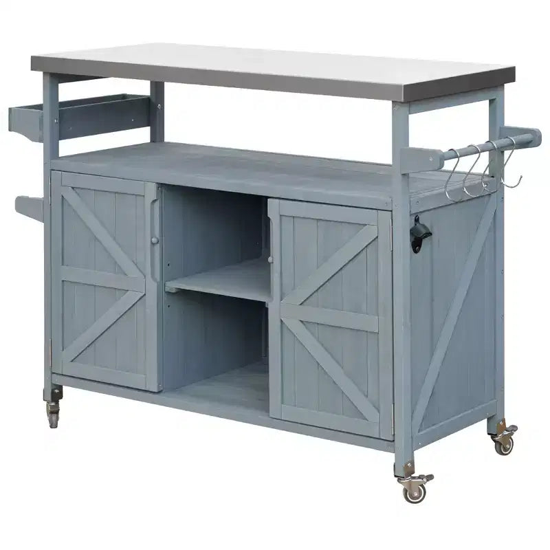 Okak Outdoor-Kücheninsel mit Edelstahlplatte, Küchenwagen aus Holz mit Türen, Regalen und Gewürzablage, rollbare Kücheninsel