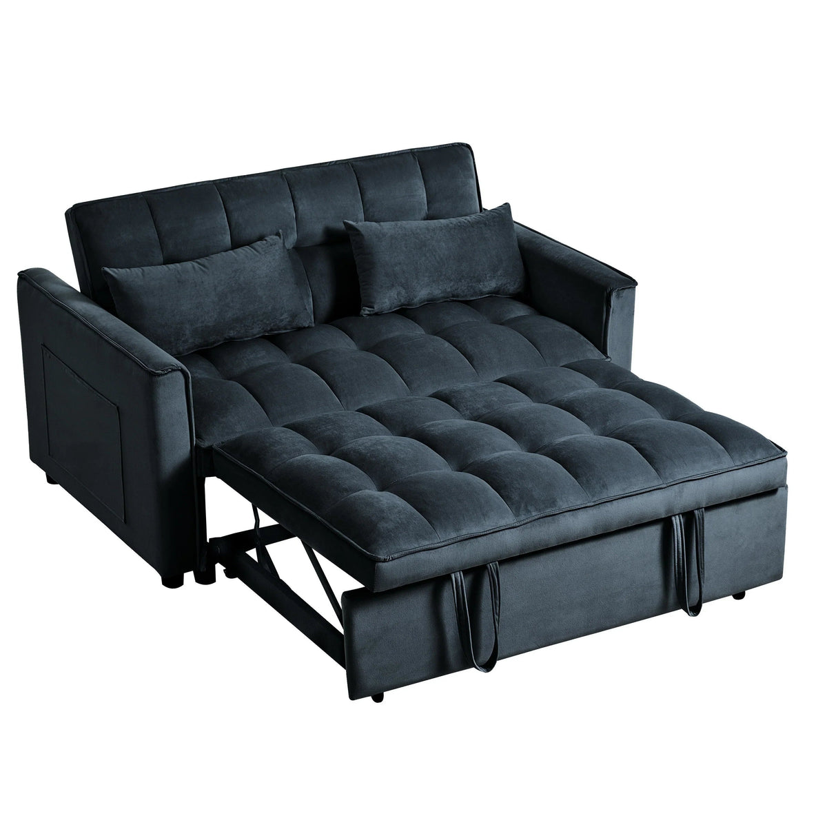 Sofá-cama moderno extensível, sofá-cama 3-em-1 com encosto ajustável, sofá de dois lugares em veludo, almofadas e bolsos laterais