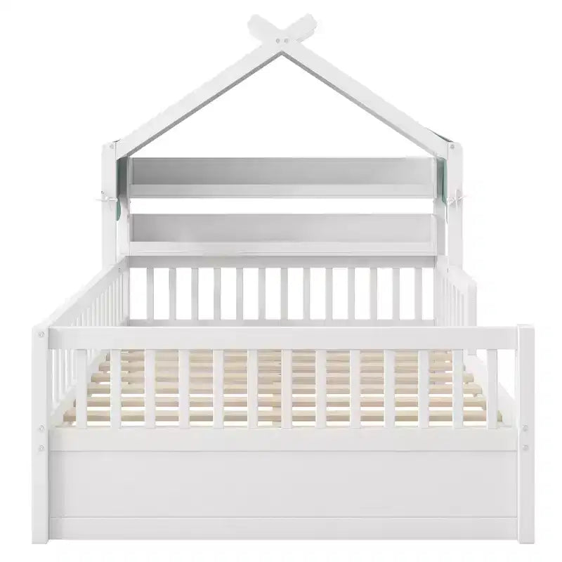 ModernLuxe Holzhausbett in Twin/Full-Größe mit Kopfteil und Stauraum, Kinderbettgestell aus massivem Kiefernholz mit Rausfallschutz